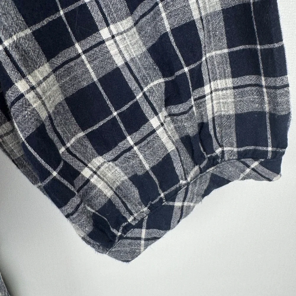 Madewell Plaid Cotton Linen Blouse Top Womens‎ S Navy Blue White Tassel Tie